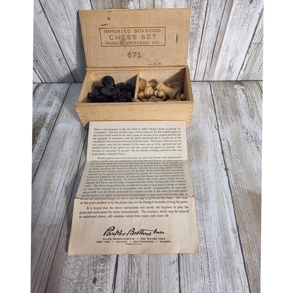 Vintage Parker Brothers Imported Boxwood Chess Set 671 Wood Box Instructions - Picture 7 of 7